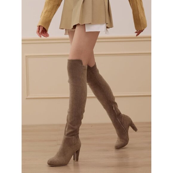 Women Taupe Faux Suede Chunky Heel Stretch Over The Knee Thigh High Long Boot - Picture 6 of 6